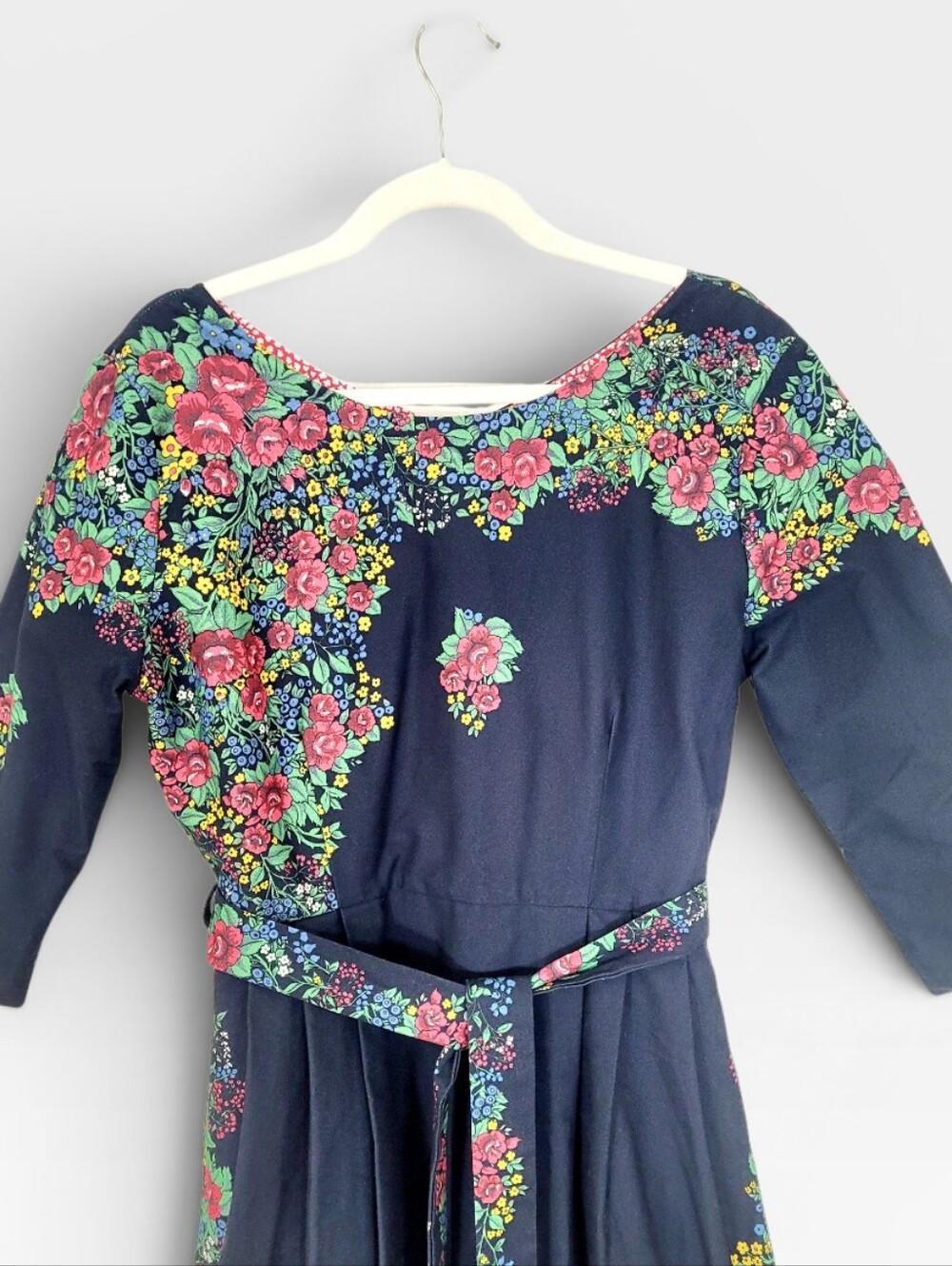 NWT PALAVA UK Beatrice Black Hungarian Flower Retro Belted Midi Dress US 10 - Picture 12 of 15